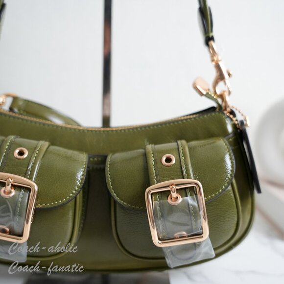 Coach CBJ01 Ashton Shoulder Bag In Shiny Crinkle Leather Gold/Olive Green - Picture 3 of 11